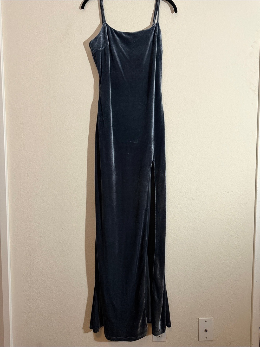 Lulus Charcoal Blue Velvet Spaghetti Strap Maxi Dress High Slit - Picture 5 of 7